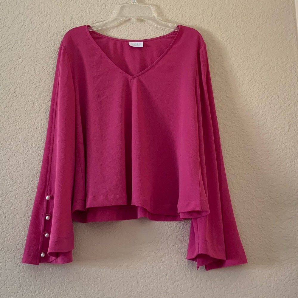 Fuchsia bell sleeved blouse with pearl buttons
